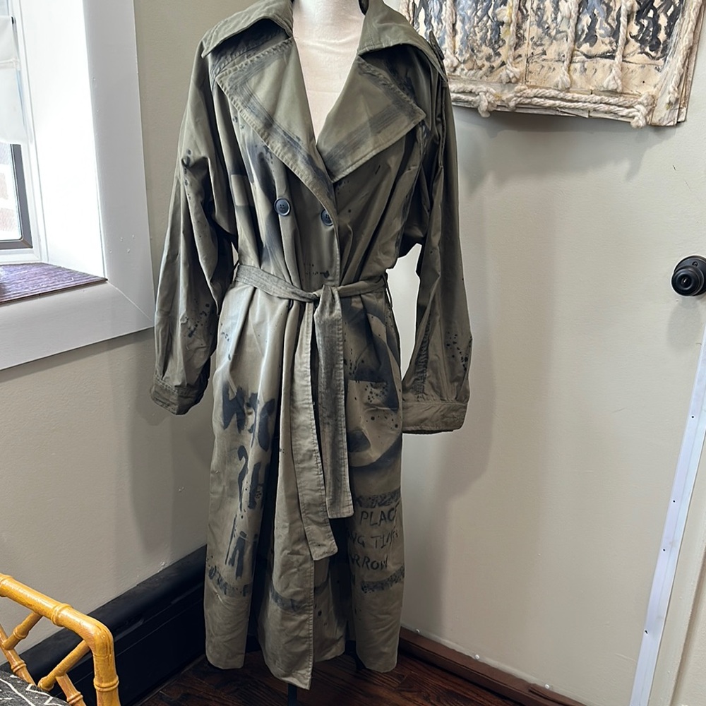 Olive Green Graffiti Trench Coat